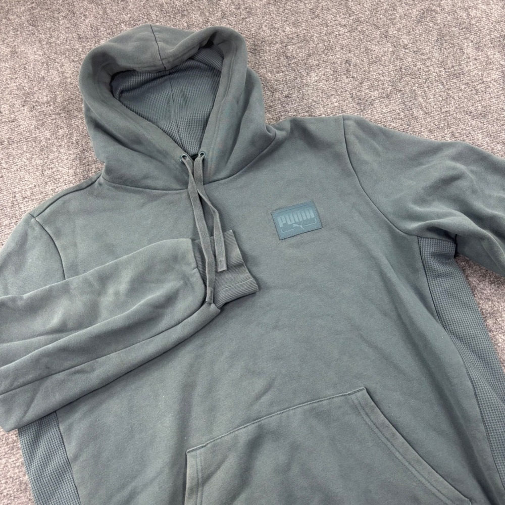 PUMA Hoodie Large Green Waffle Knit Side Panels Pullover Mens